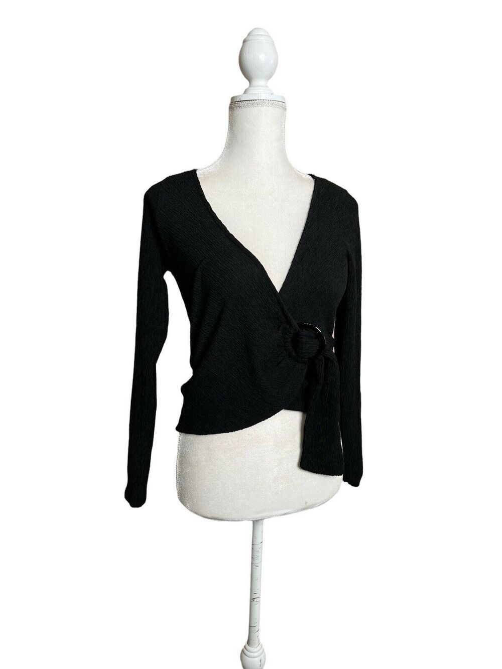 H&m Women Wrap Around Crop Blouse Long Sleeves black top Sz Xs